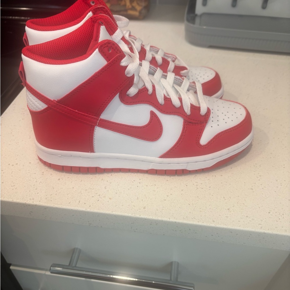 Nike Red and White Dunk High Sneakers